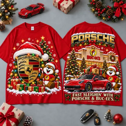 Buc-ee's Porsche Christmas Cabin Car Print T-Shirt For Festive Winter Road Trips NDN Red