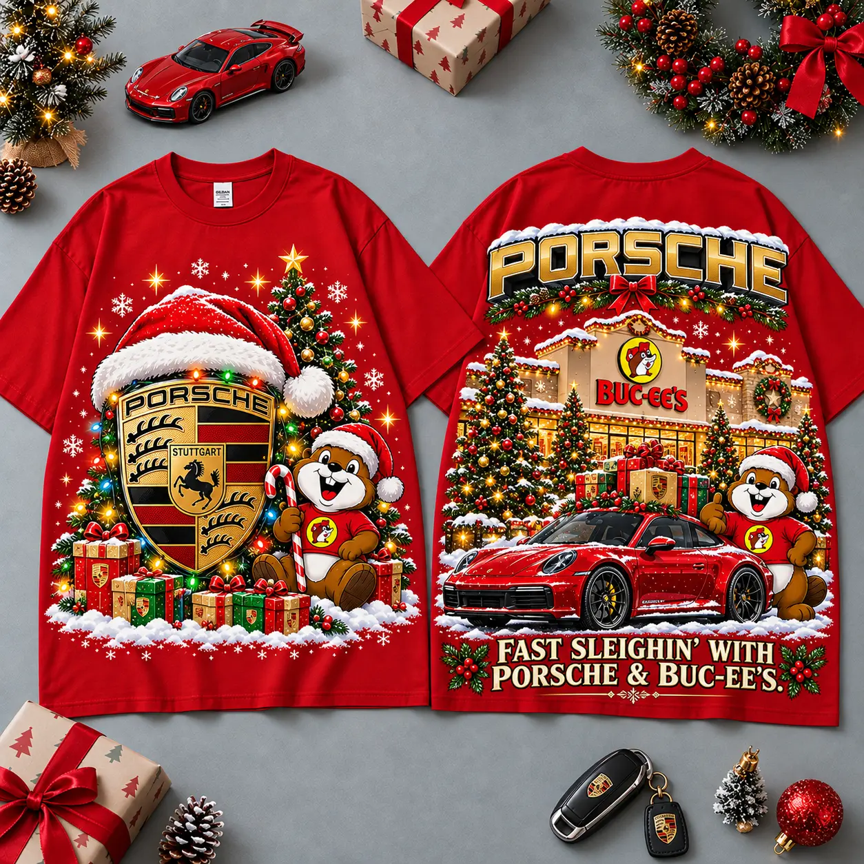 Buc-ee's Porsche Christmas Cabin Car Print T-Shirt For Festive Winter Road Trips NDN Red