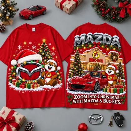 Buc-ee's Mazda Christmas Cabin Car Print T-Shirt For Festive Winter Road Trips NDN Red