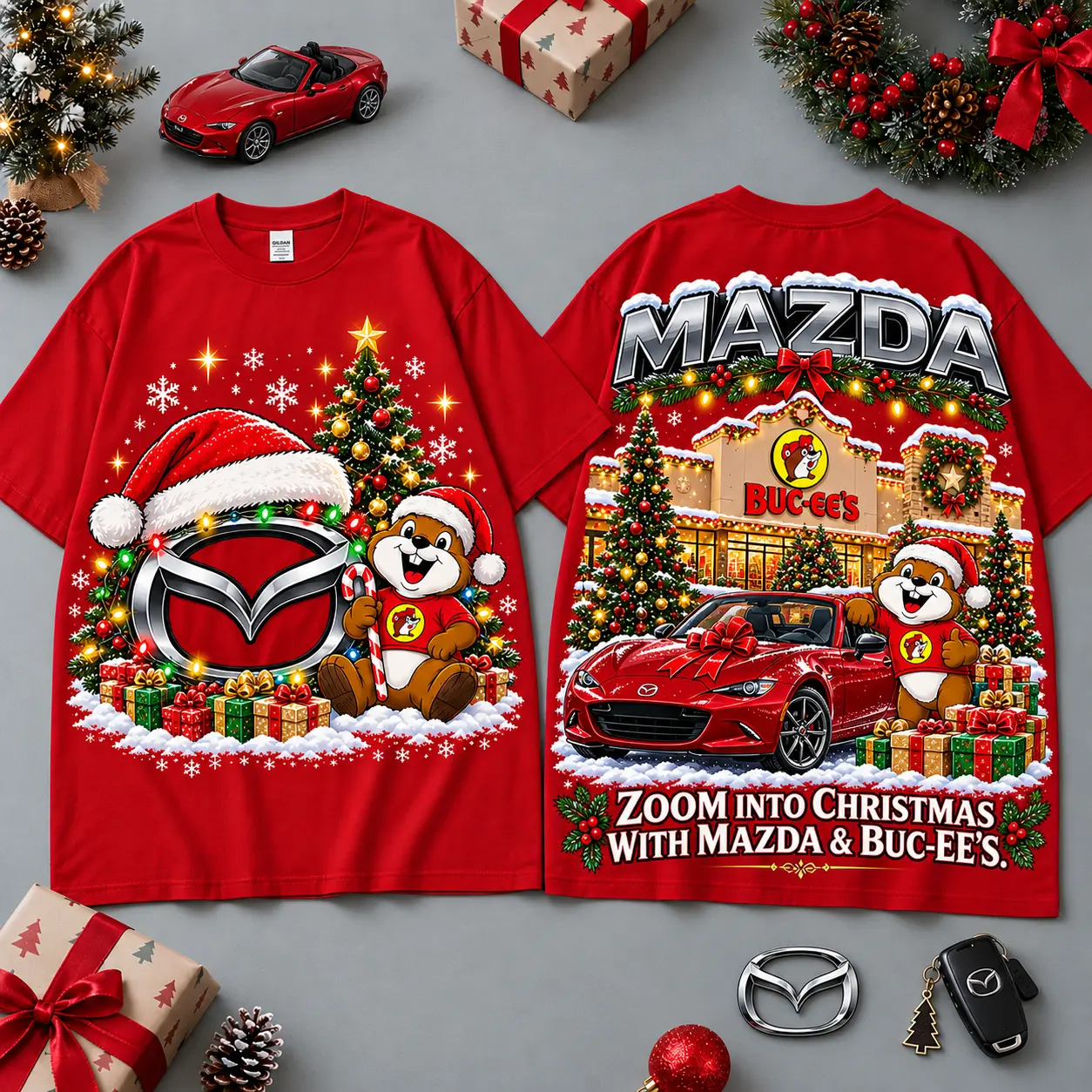Buc-ee's Mazda Christmas Cabin Car Print T-Shirt For Festive Winter Road Trips NDN Red