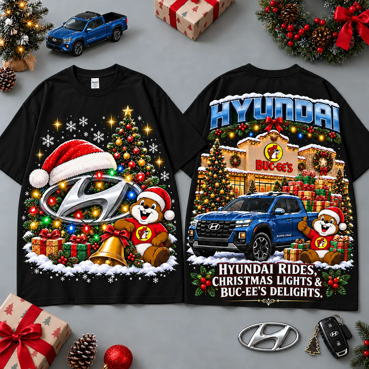 Buc-ee's Hyundai Christmas Cabin Car Print T-Shirt For Festive Winter Road Trips NDN Black