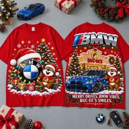 Buc-ee's BMW Christmas Cabin Car Print T-Shirt For Festive Winter Road Trips NDN Red