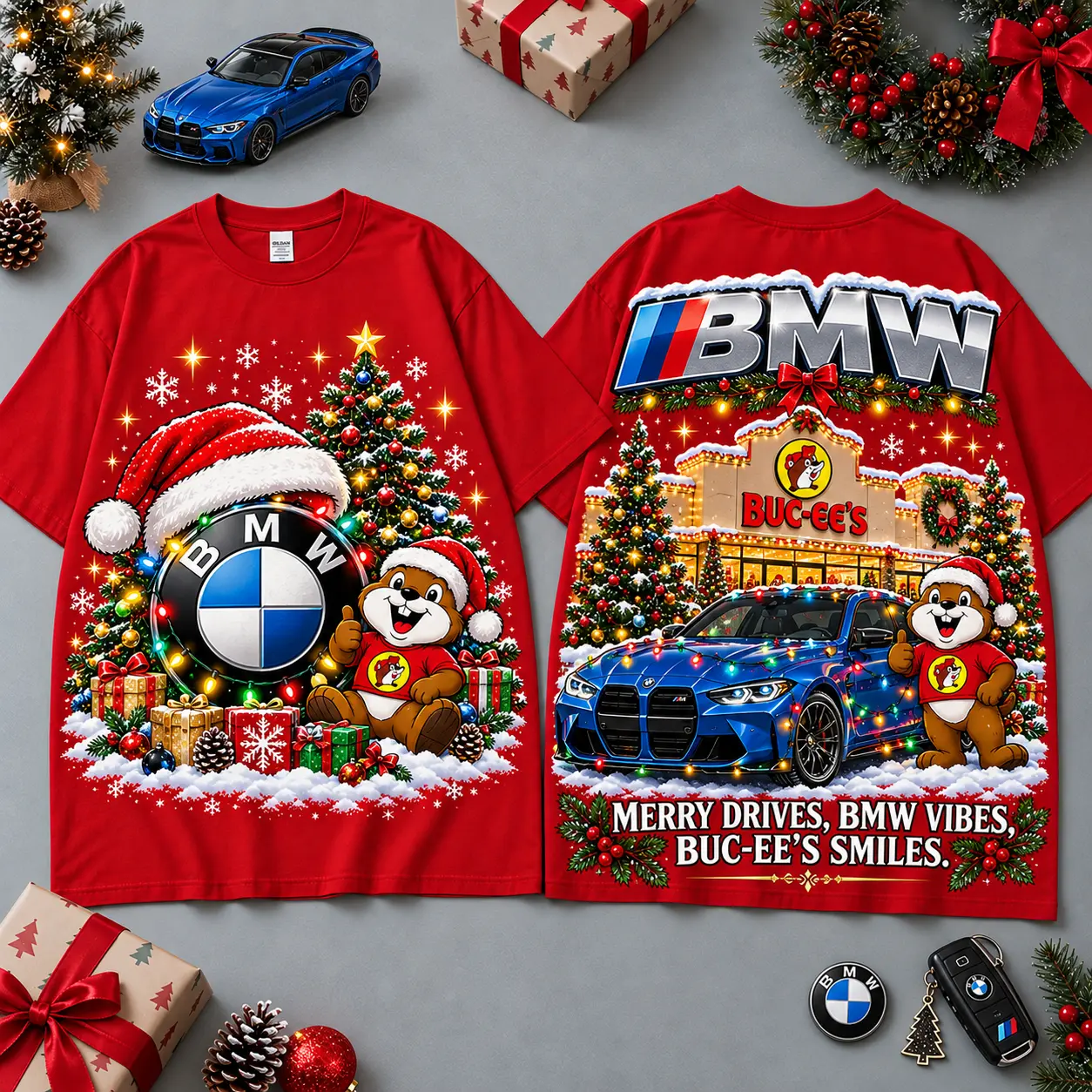 Buc-ee's BMW Christmas Cabin Car Print T-Shirt For Festive Winter Road Trips NDN Red