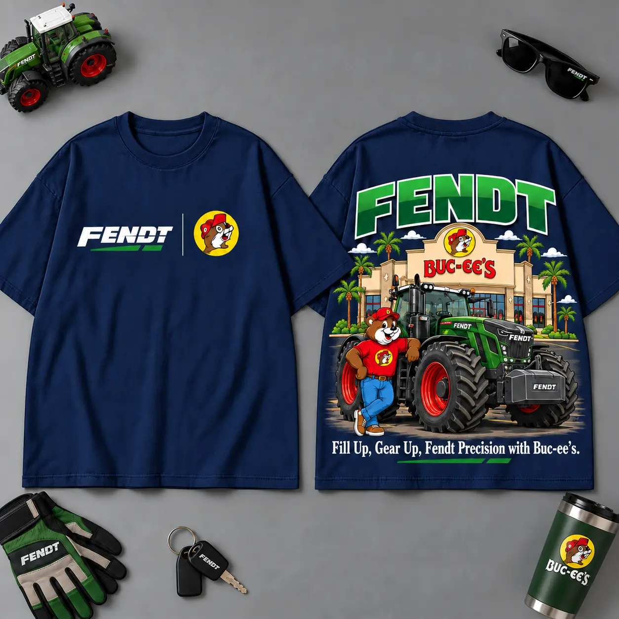 Buc-ee's FENDT Construction Collage 3D T-Shirt For Heavy Equipment Road Trip Collectors NDN Navy