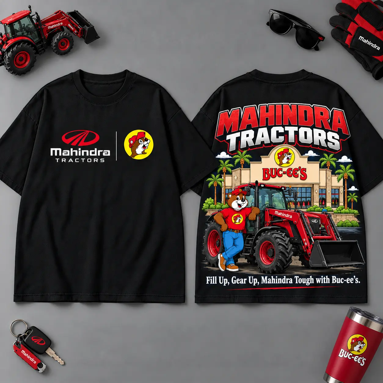 Buc-ee's MAHINDRA TRACTORS Construction Collage 3D T-Shirt For Heavy Equipment Road Trip Collectors NDN Black