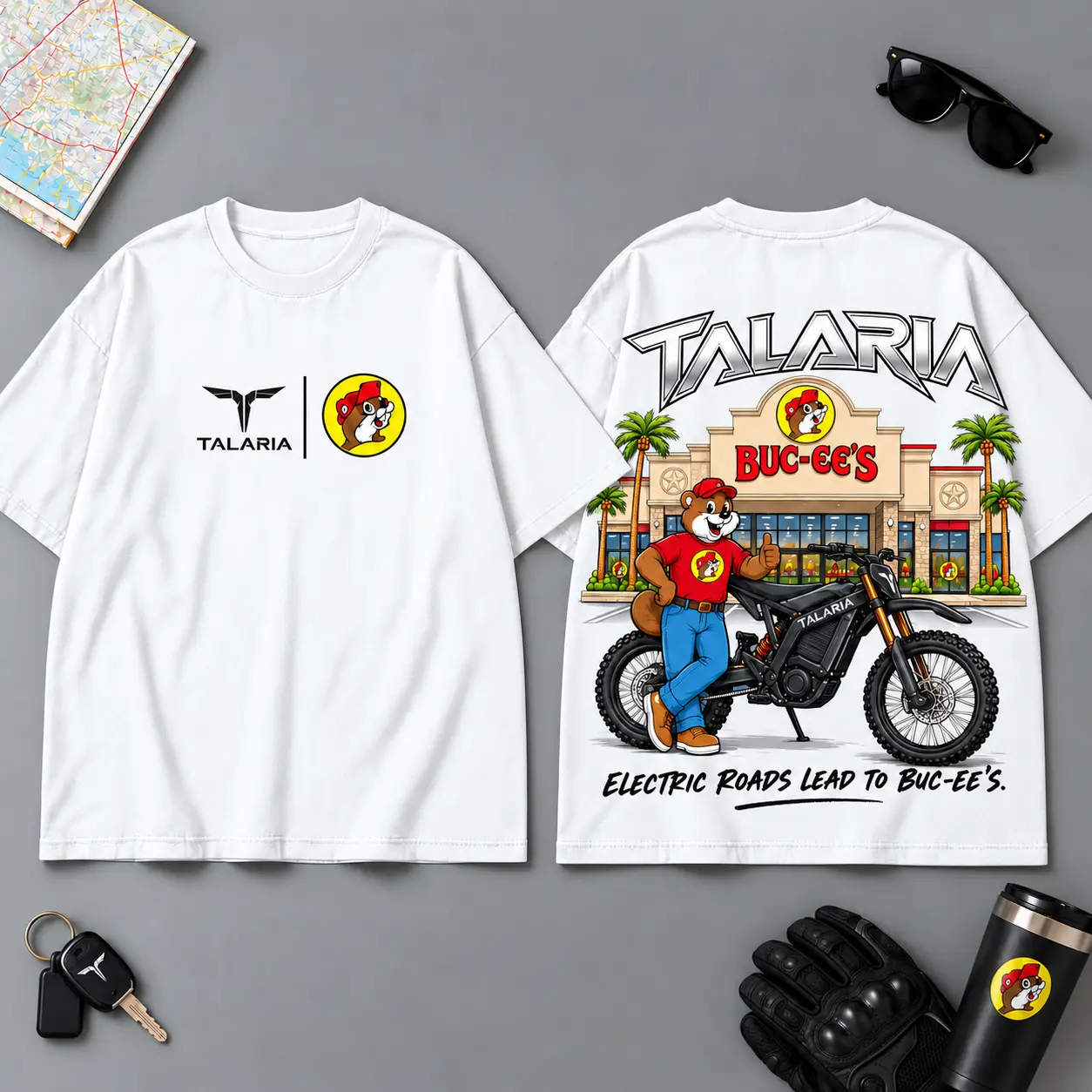 Buc-ee's Talaria Electric Rides Lead To Buc-ee's 3D T-Shirt For Motorcycle Adventure Riders NDN White