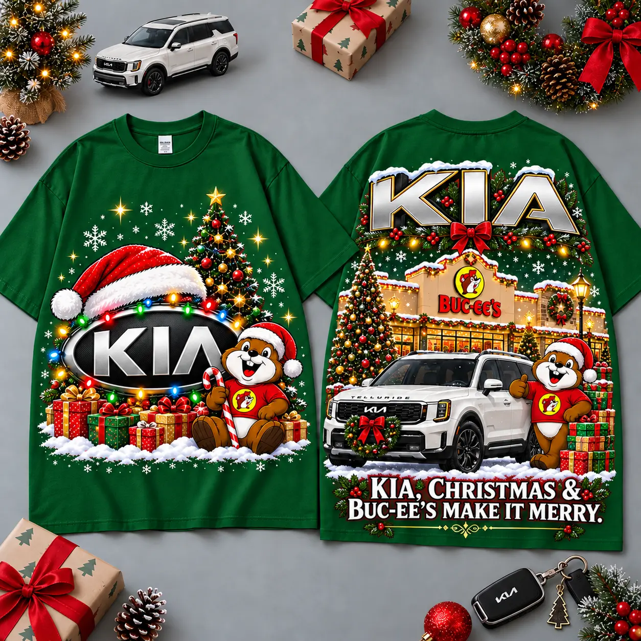 Buc-ee's Kia Christmas Cabin Car Print T-Shirt For Festive Winter Road Trips NDN Green