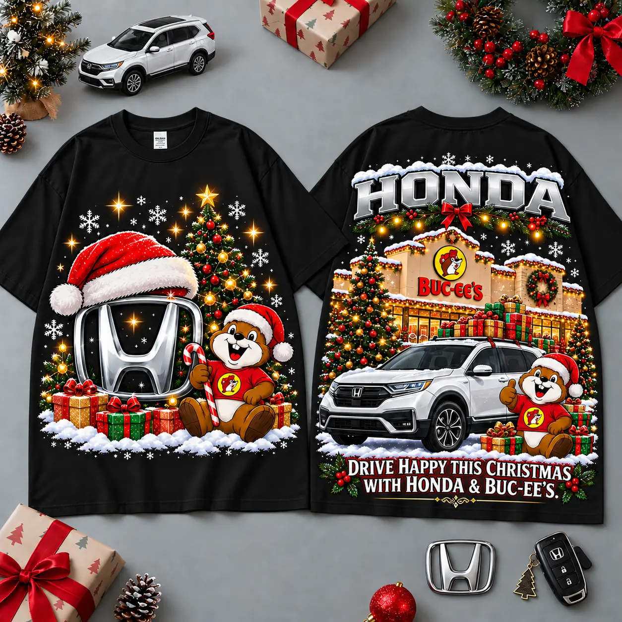 Buc-ee's Honda Christmas Cabin Car Print T-Shirt For Festive Winter Road Trips NDN Black