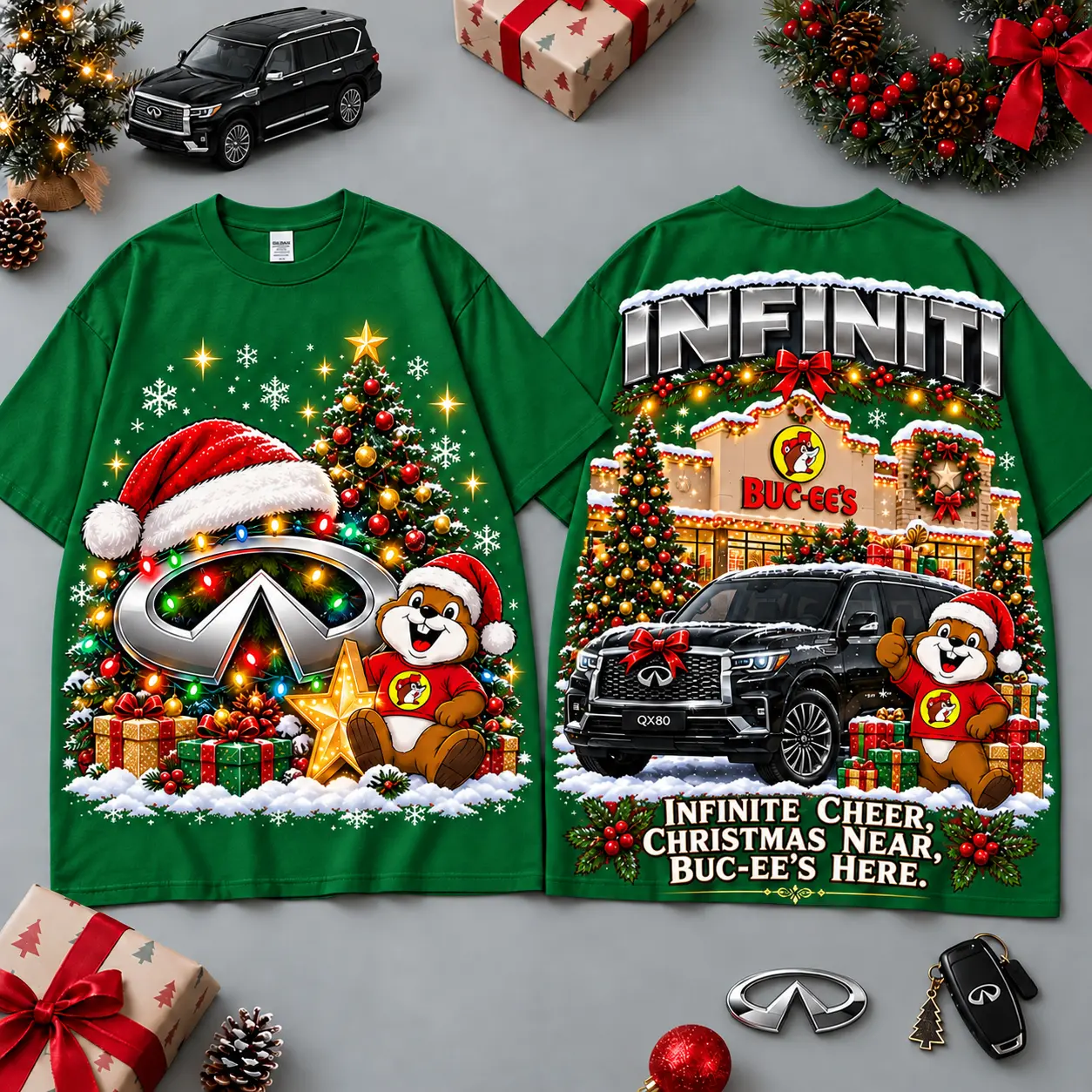 Buc-ee's Infiniti Christmas Cabin Car Print T-Shirt For Festive Winter Road Trips NDN Green