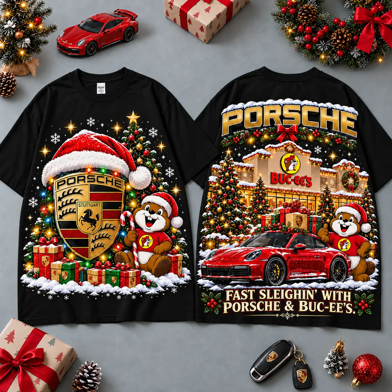 Buc-ee's Porsche Christmas Cabin Car Print T-Shirt For Festive Winter Road Trips NDN Black