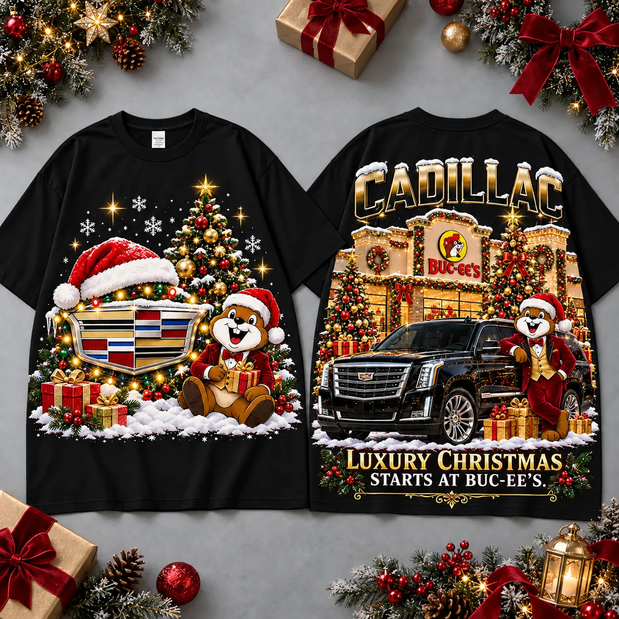 Buc-ee's Cadillac Christmas Cabin Car Print T-Shirt For Festive Winter Road Trips NDN Black