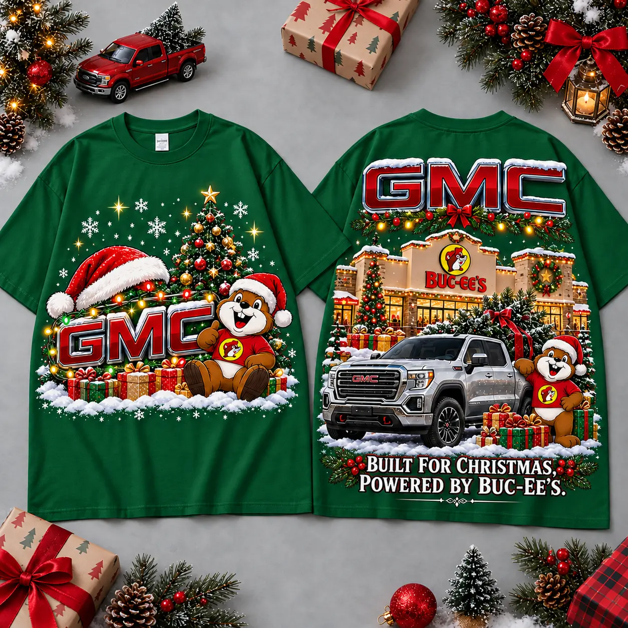 Buc-ee's GMC Christmas Cabin Car Print T-Shirt For Festive Winter Road Trips NDN Green