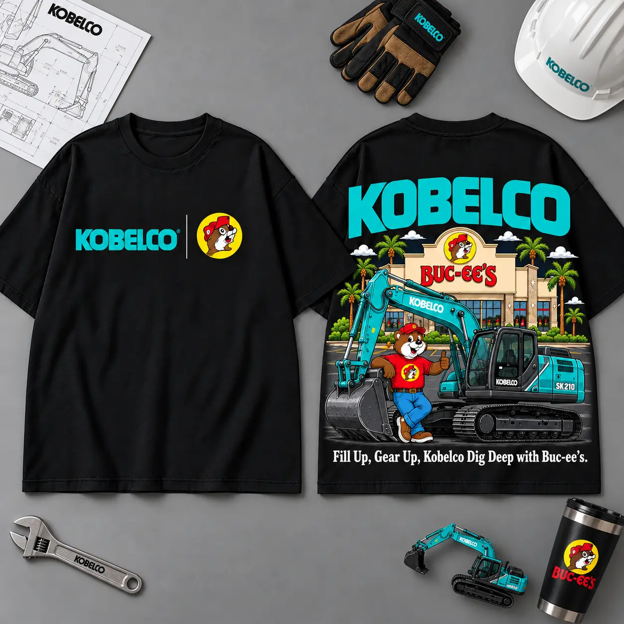 Buc-ee's KOBELCO Construction Collage 3D T-Shirt For Heavy Equipment Road Trip Collectors NDN Black
