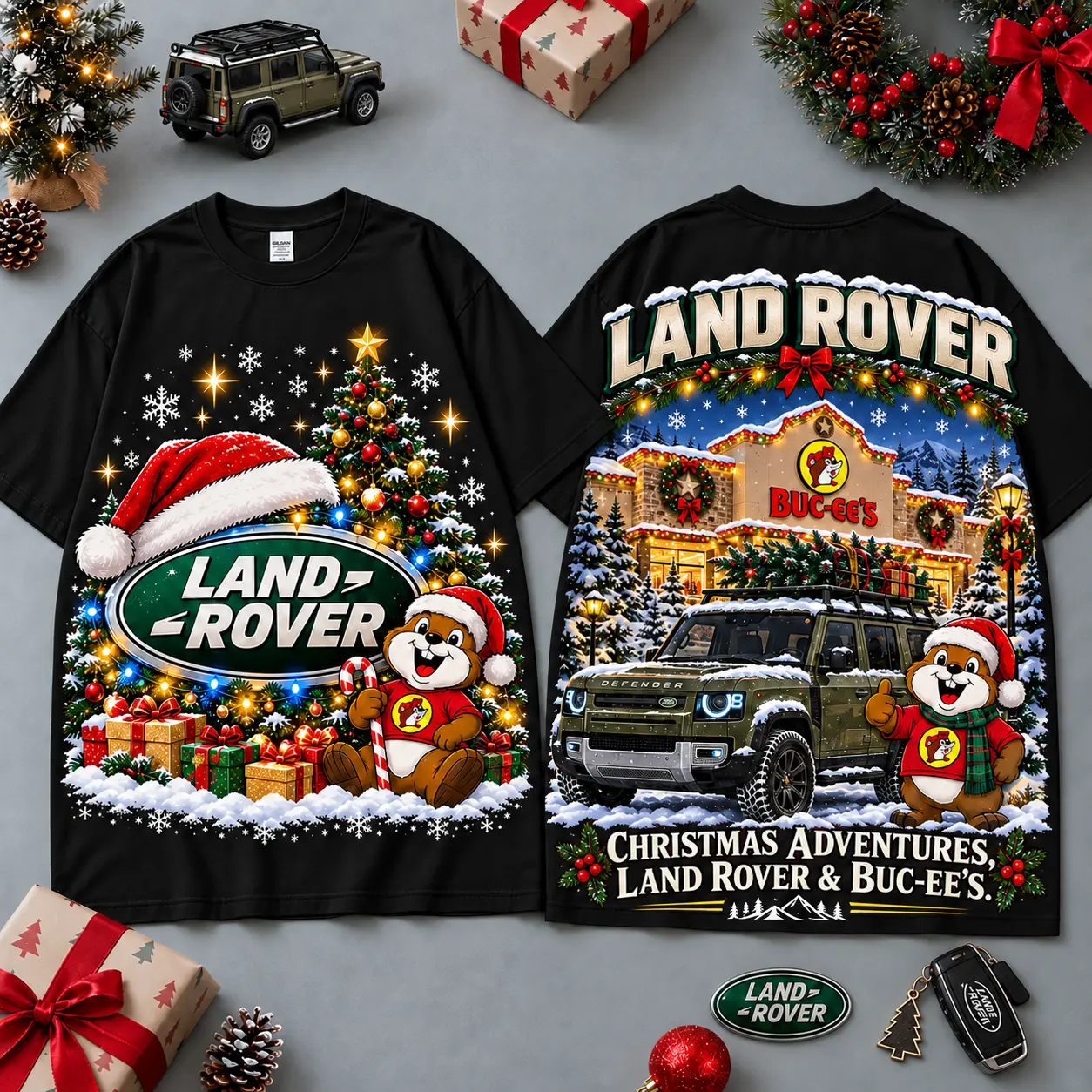 Buc-ee's Land Rover Christmas Cabin Car Print T-Shirt For Festive Winter Road Trips NDN Black