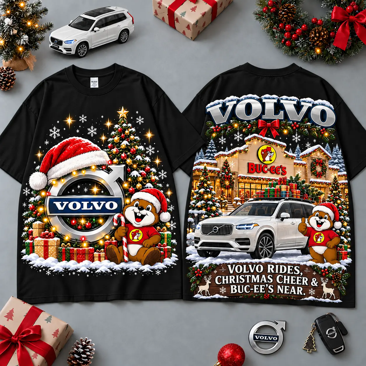 Buc-ee's Volvo Christmas Cabin Car Print T-Shirt For Festive Winter Road Trips NDN Black