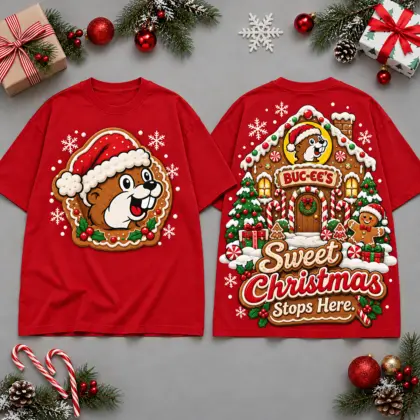 Buc-ee's Sweet Christmas Gingerbread House Scene All Over Print T-Shirt For Festive Holiday Road Trips NDN Red