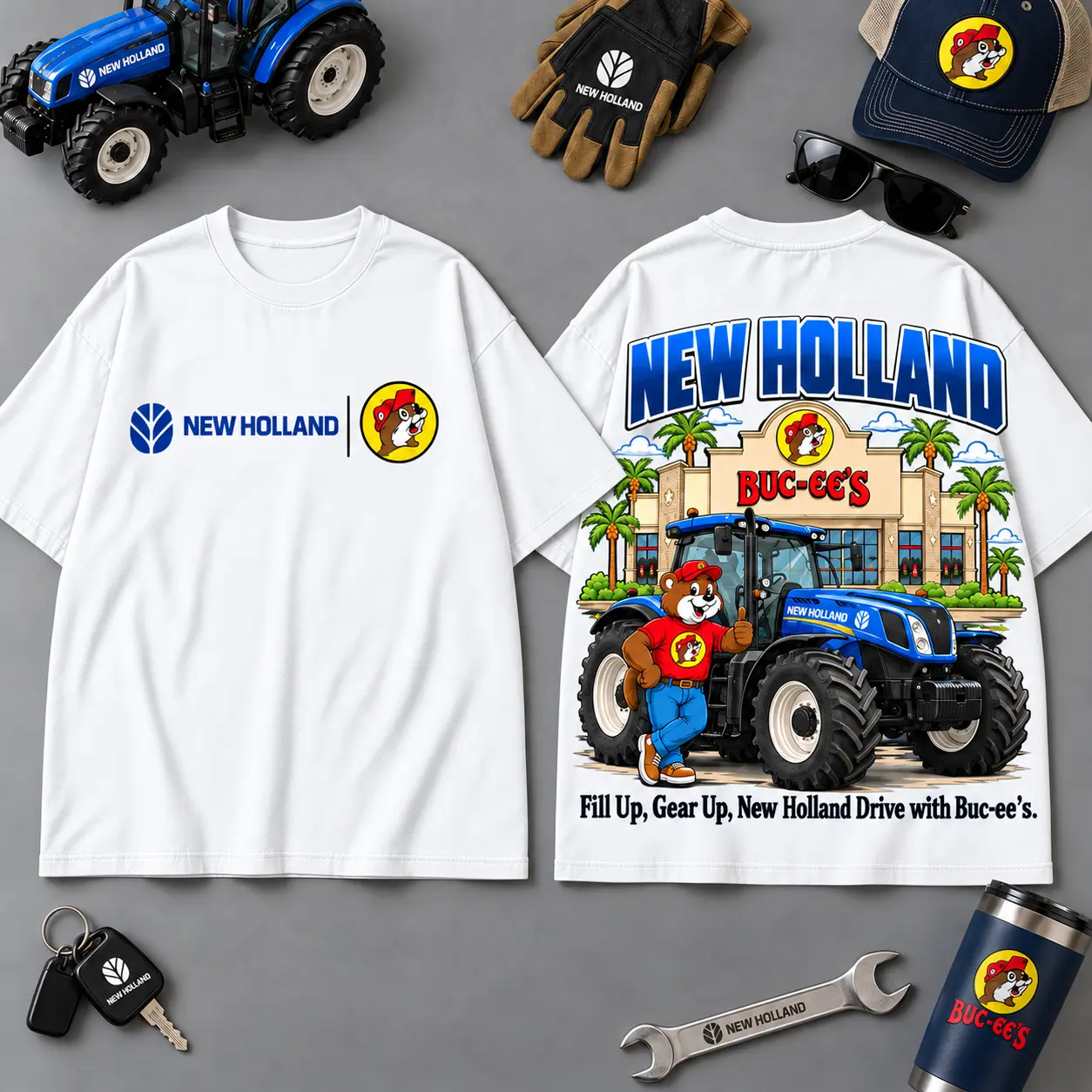 Buc-ee's NEW HOLLAND Construction Collage 3D T-Shirt For Heavy Equipment Road Trip Collectors NDN White