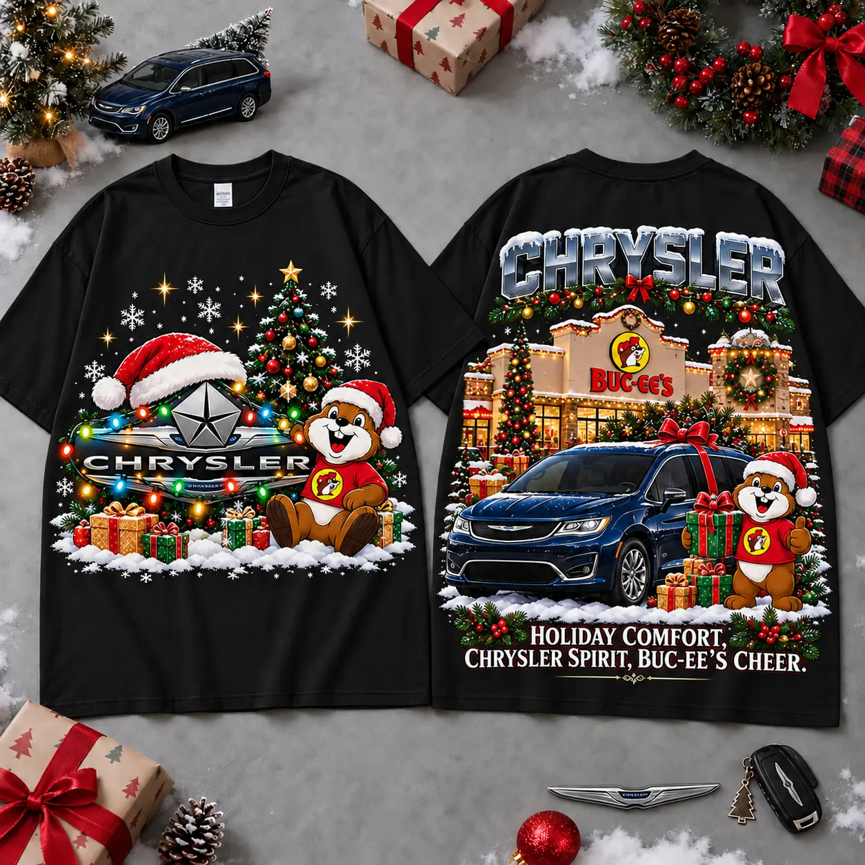 Buc-ee's Chrysler Christmas Cabin Car Print T-Shirt For Festive Winter Road Trips NDN Black
