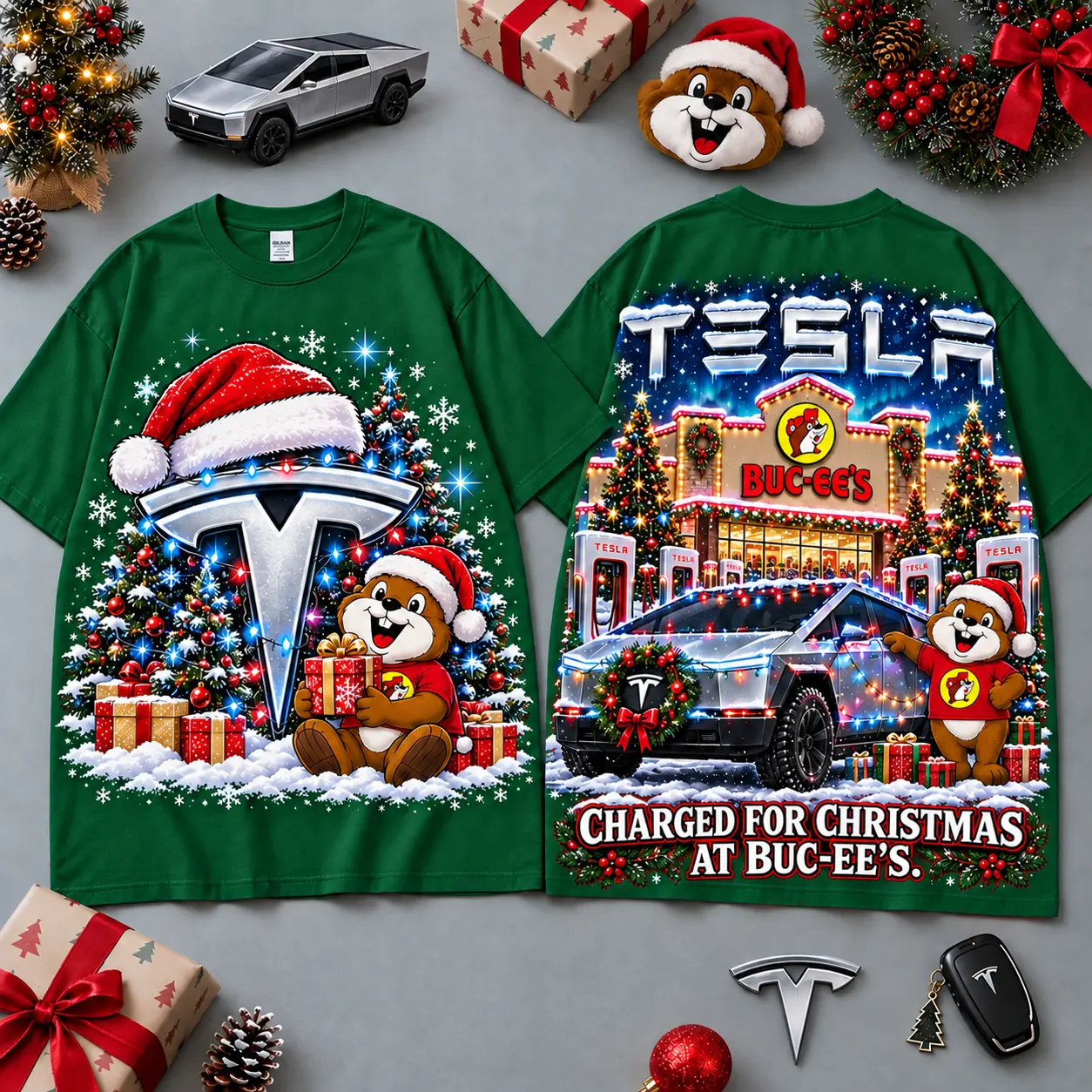 Buc-ee's Tesla Christmas Cabin Car Print T-Shirt For Festive Winter Road Trips NDN Green