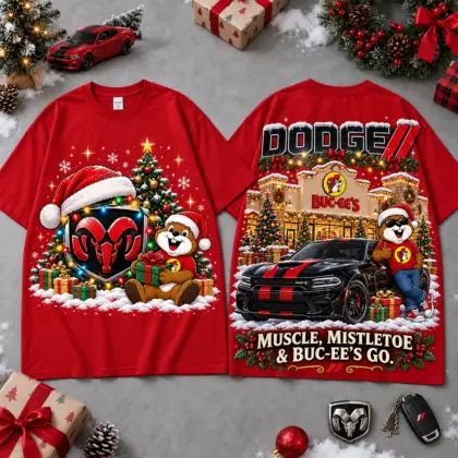 Buc-ee's Dodge Christmas Cabin Car Print T-Shirt For Festive Winter Road Trips NDN Red