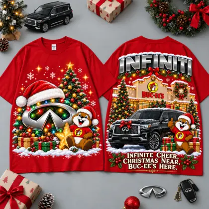 Buc-ee's Infiniti Christmas Cabin Car Print T-Shirt For Festive Winter Road Trips NDN Red