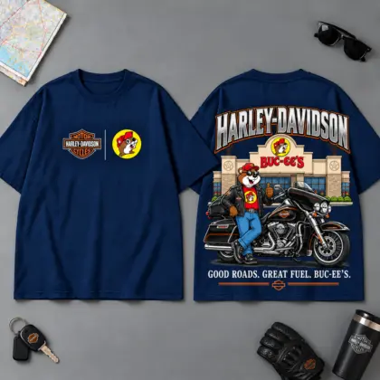 Buc-ee's Harley-Davidson Good Roads Great Fuel Buc-ee's 3D T-Shirt For Motorcycle Adventure Riders NDN Navy