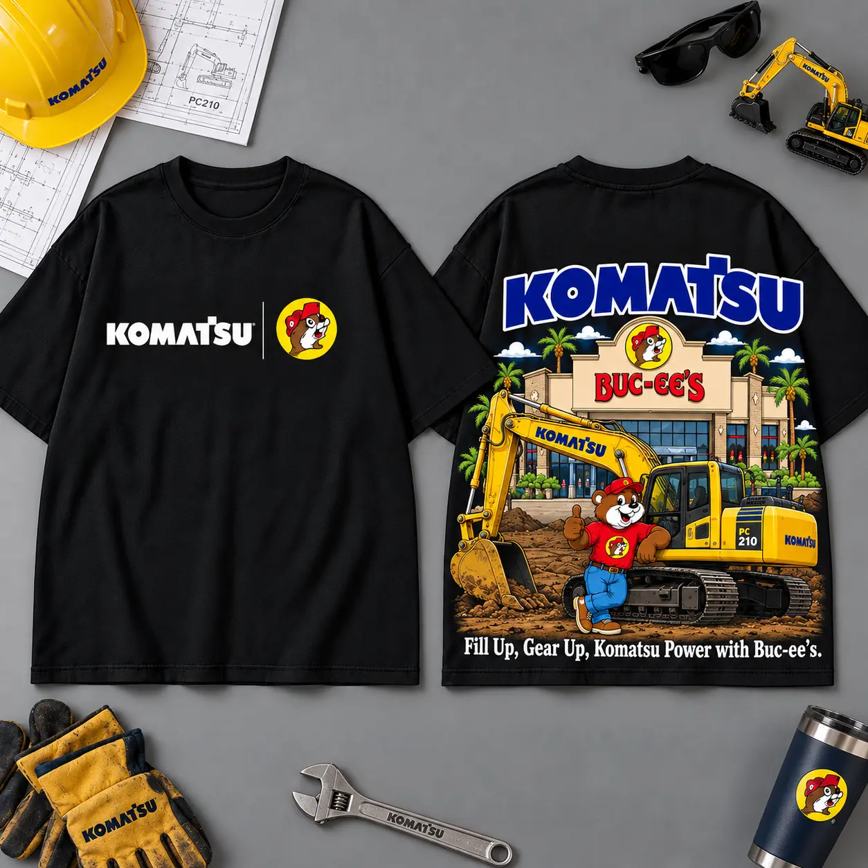 Buc-ee's KOMATSU Construction Collage 3D T-Shirt For Heavy Equipment Road Trip Collectors NDN Black