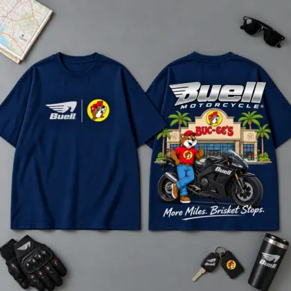 Buc-ee's Buell More Miles Better Stops 3D T-Shirt For Motorcycle Adventure Riders NDN Navy