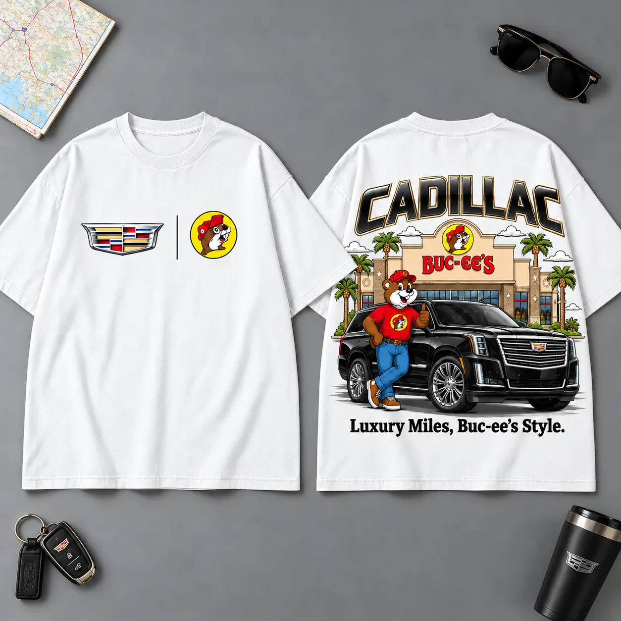 Buc-ee's Cadillac Luxury Mile Road Trip 3D T-Shirt For Classic Car Fans NDN White