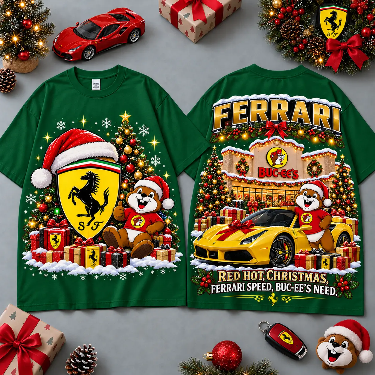 Buc-ee's Ferrari Christmas Cabin Car Print T-Shirt For Festive Winter Road Trips NDN Green