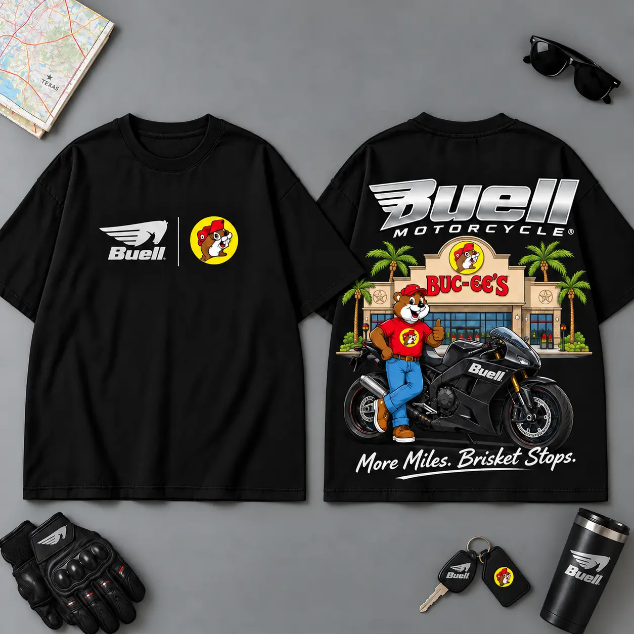 Buc-ee's Buell More Miles Better Stops 3D T-Shirt For Motorcycle Adventure Riders NDN Black