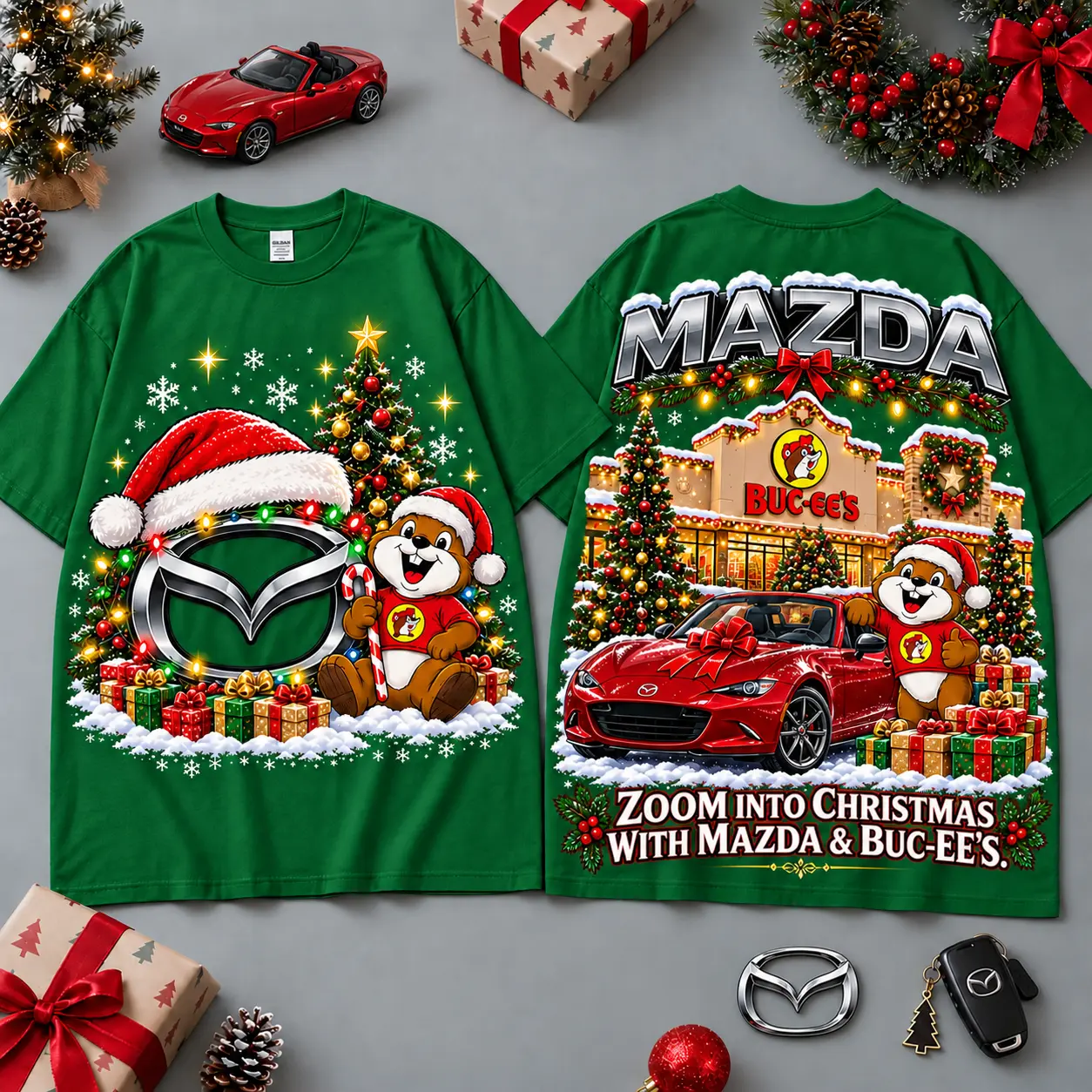 Buc-ee's Mazda Christmas Cabin Car Print T-Shirt For Festive Winter Road Trips NDN Green