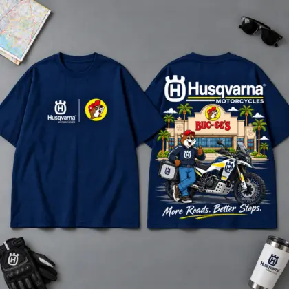 Buc-ee's Husqvarna More Roads Better Stops 3D T-Shirt For Motorcycle Adventure Riders NDN Navy