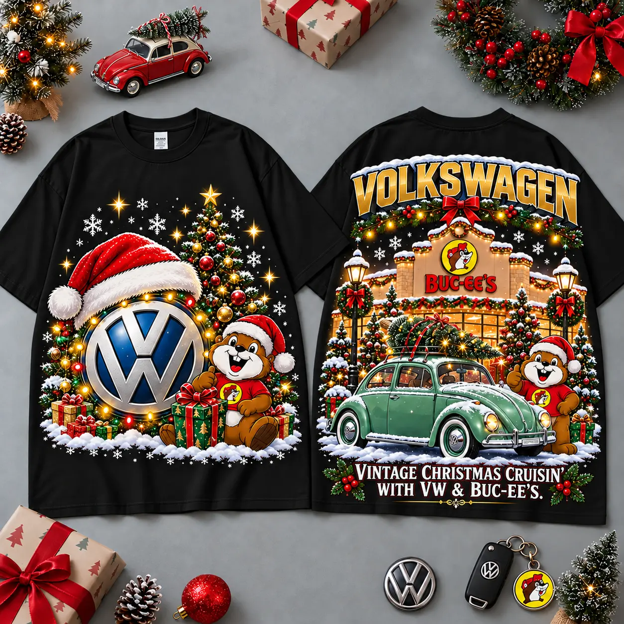 Buc-ee's Volkswagen Christmas Cabin Car Print T-Shirt For Festive Winter Road Trips NDN Black
