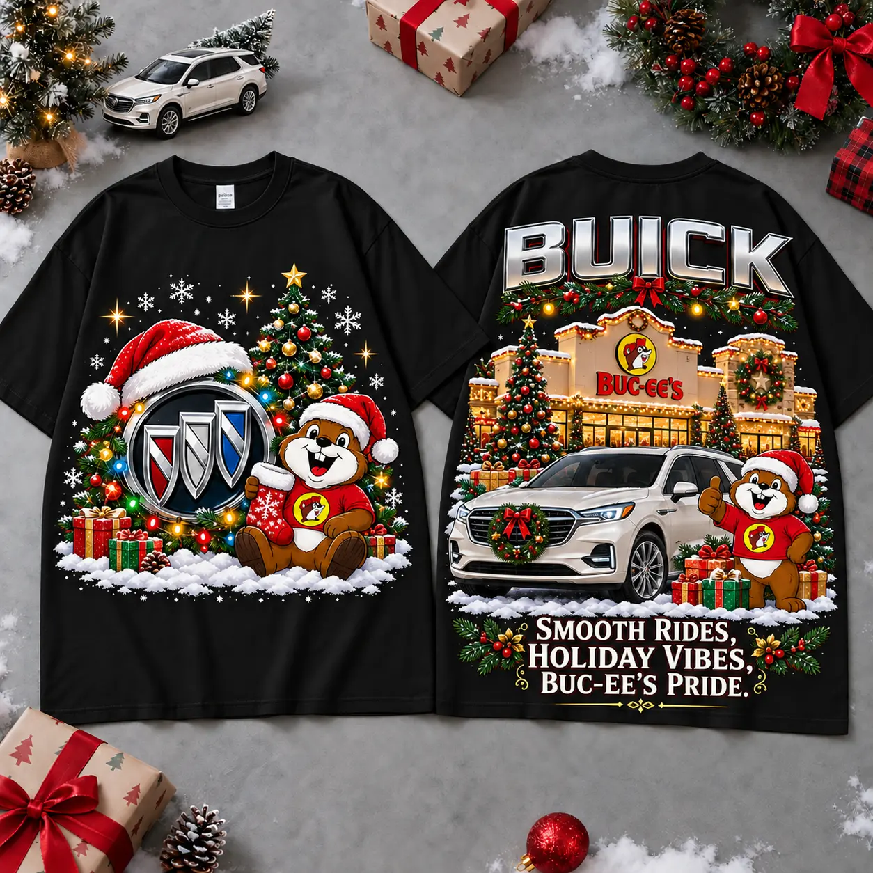 Buc-ee's Buick Christmas Cabin Car Print T-Shirt For Festive Winter Road Trips NDN Black