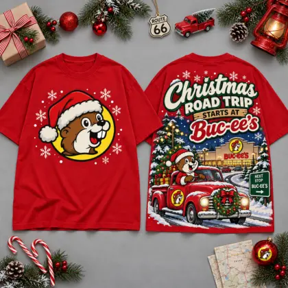 Buc-ee's Christmas Road Trip Route 66 Scene All Over Print T-Shirt For Festive Holiday Road Trips NDN Red