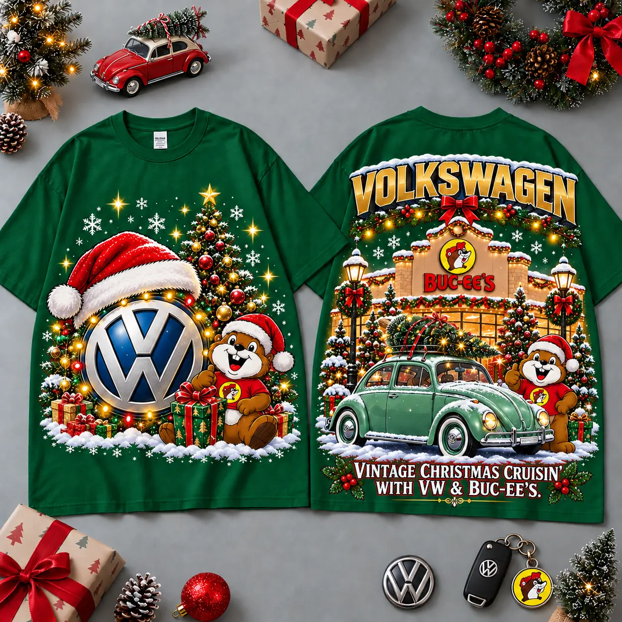 Buc-ee's Volkswagen Christmas Cabin Car Print T-Shirt For Festive Winter Road Trips NDN Green