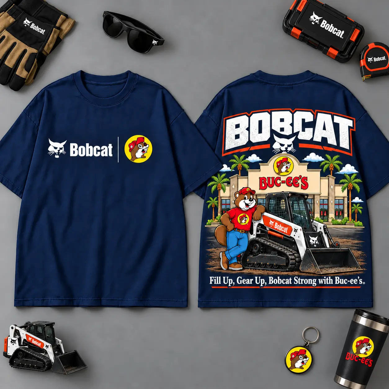 Buc-ee's BOBCAT Construction Collage 3D T-Shirt For Heavy Equipment Road Trip Collectors NDN Navy