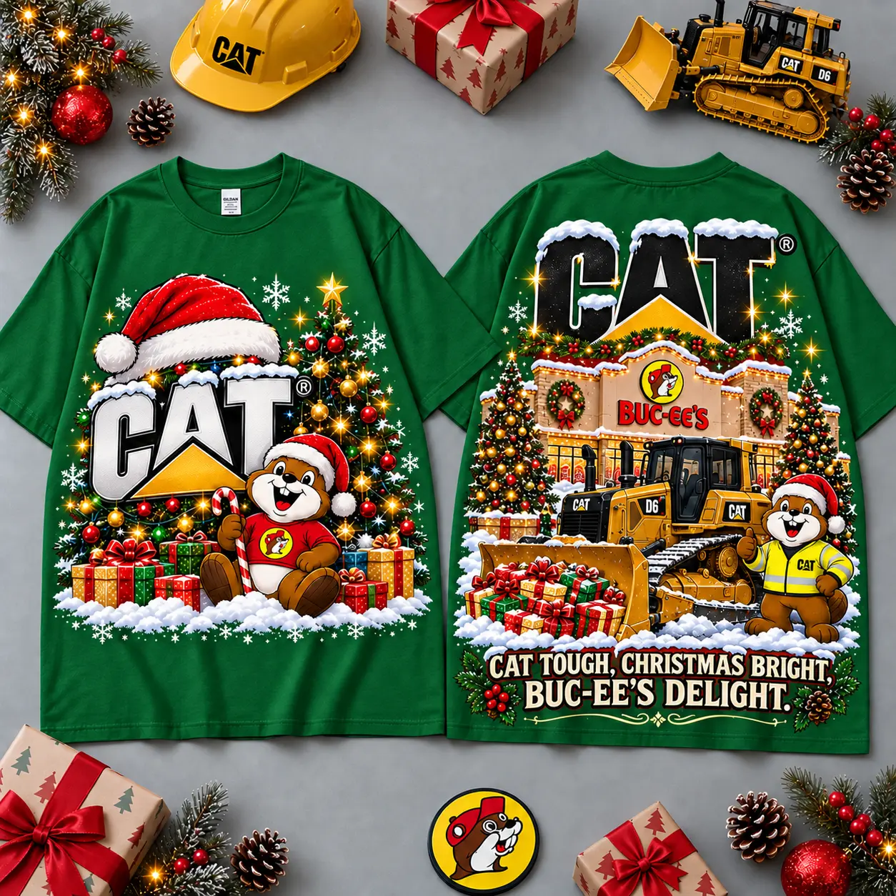 Buc-ee's CAT Christmas Cabin Construction Print T-Shirt For Festive Winter Road Trips NDN Green
