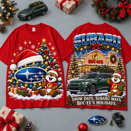 Buc-ee's Subaru Christmas Cabin Car Print T-Shirt For Festive Winter Road Trips NDN Red