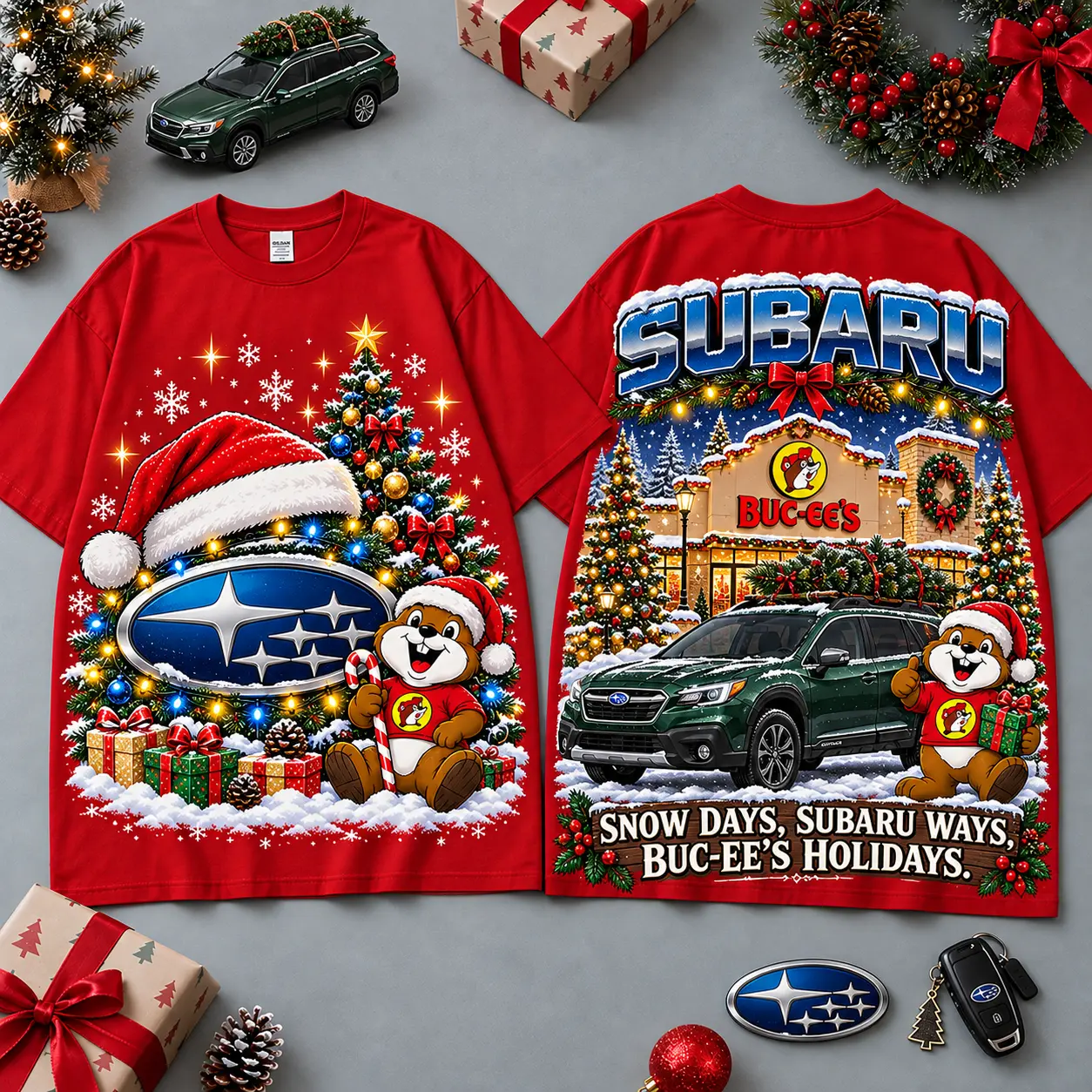 Buc-ee's Subaru Christmas Cabin Car Print T-Shirt For Festive Winter Road Trips NDN Red