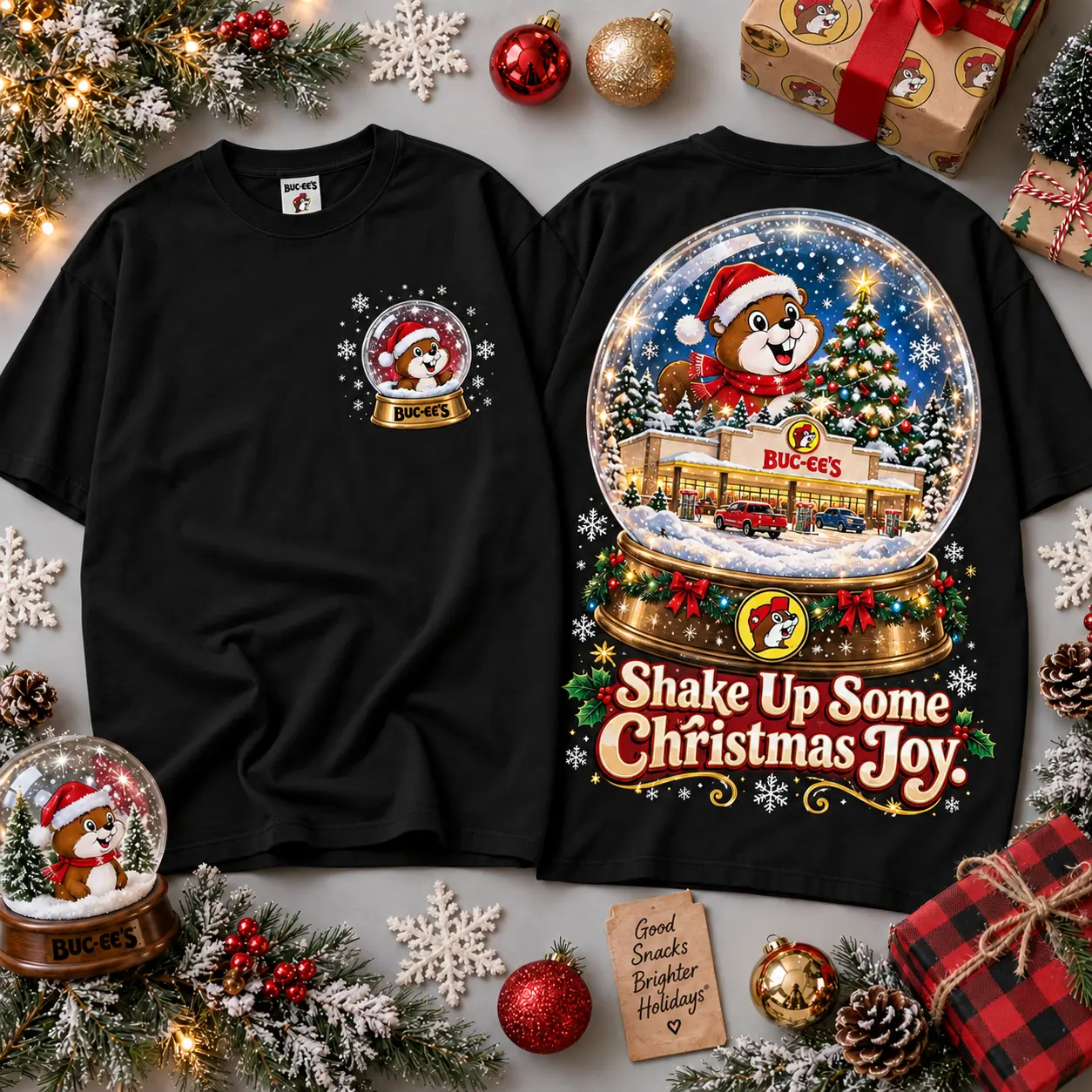 Buc-ee's Shake Up Christmas Joy Snow Globe Scene All Over Print T-Shirt For Festive Holiday Road Trips NDN Black