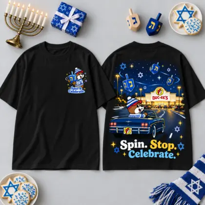 Buc-ee's Hanukkah Spin Stop Celebrate T-Shirt For Festive Winter Drives Under Starry Blue Skies NDN flat