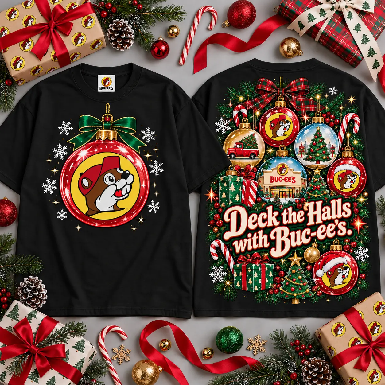 Buc-ee's Deck The Halls Buc-ee's Ornament Design All Over Print T-Shirt For Festive Holiday Road Trips NDN Black