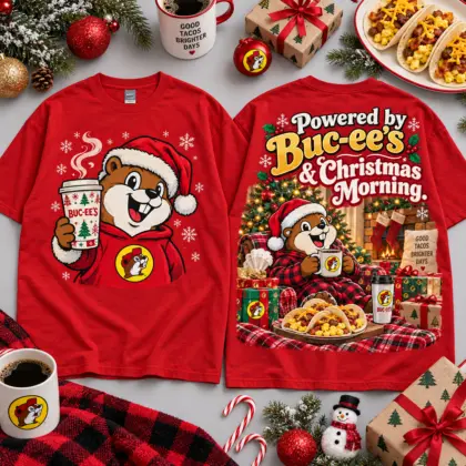 Buc-ee's Powered By Christmas Morning Breakfast Design All Over Print T-Shirt For Festive Holiday Road Trips NDN Red