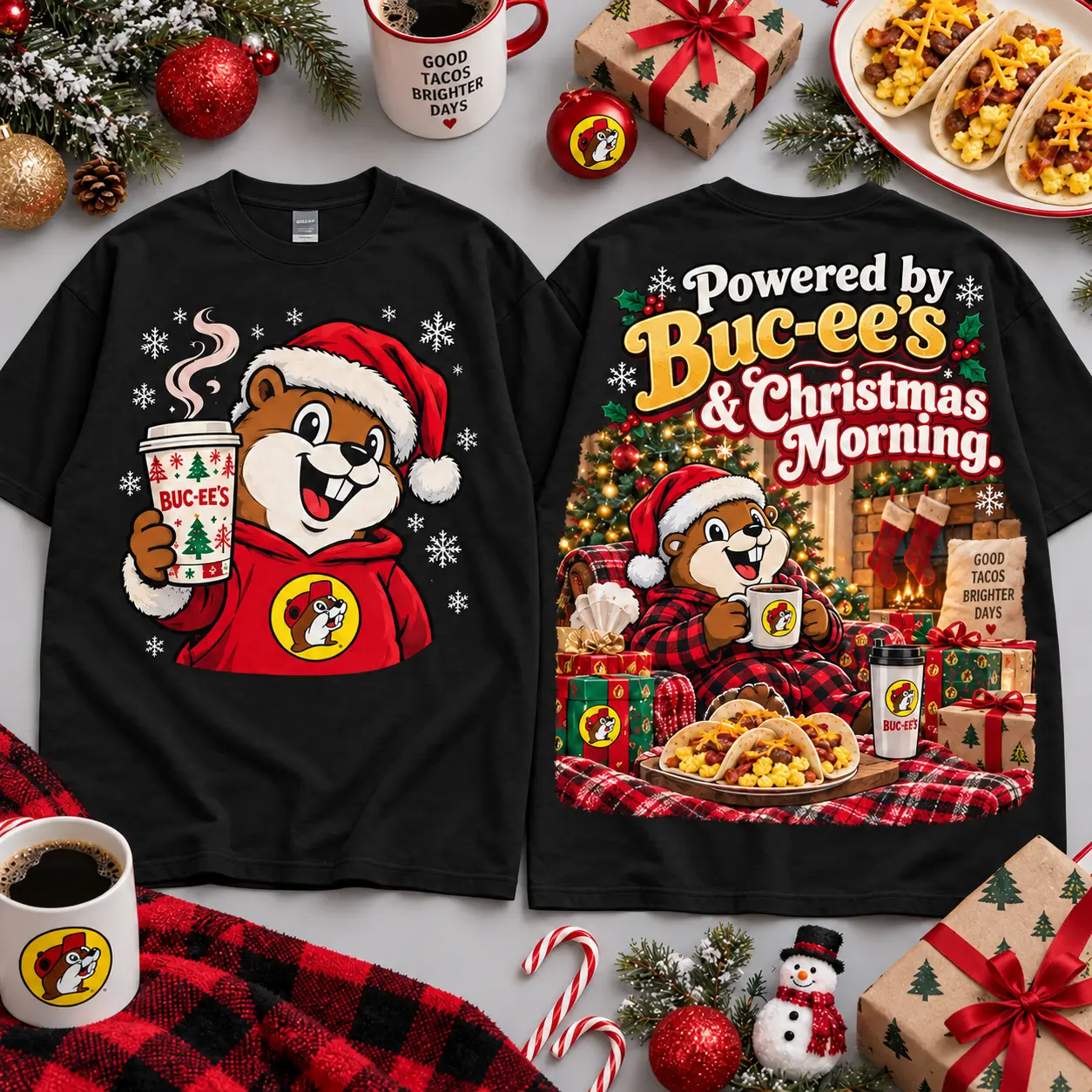 Buc-ee's Powered By Christmas Morning Breakfast Design All Over Print T-Shirt For Festive Holiday Road Trips NDN Black