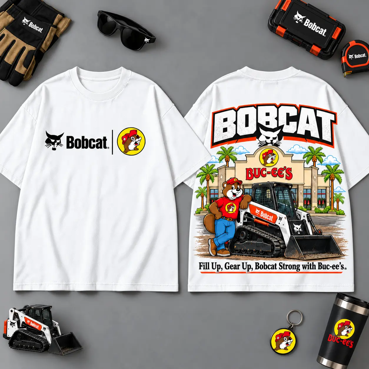 Buc-ee's BOBCAT Construction Collage 3D T-Shirt For Heavy Equipment Road Trip Collectors NDN White