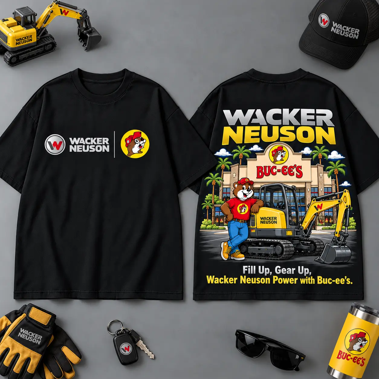 Buc-ee's WACKER NEUSON Construction Collage 3D T-Shirt For Heavy Equipment Road Trip Collectors NDN Black