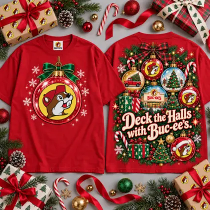 Buc-ee's Deck The Halls Buc-ee's Ornament Design All Over Print T-Shirt For Festive Holiday Road Trips NDN Red