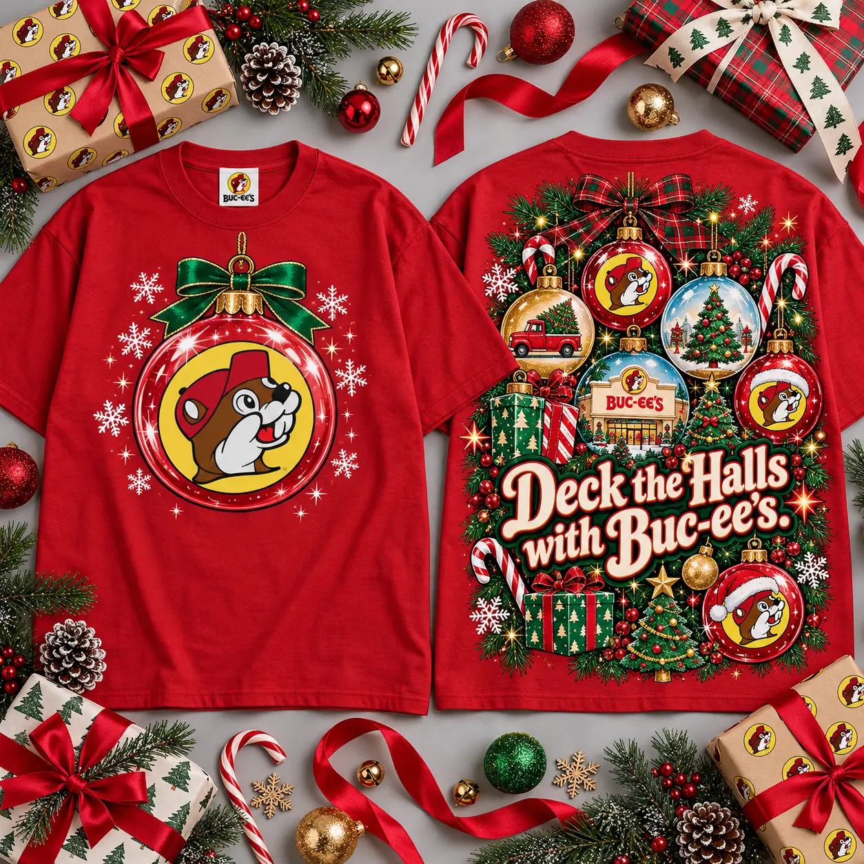 Buc-ee's Deck The Halls Buc-ee's Ornament Design All Over Print T-Shirt For Festive Holiday Road Trips NDN Red